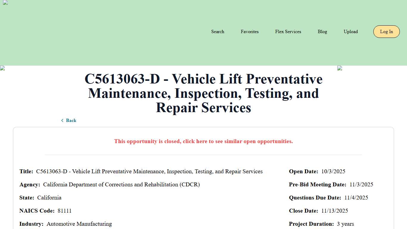C5613063-D - Vehicle Lift Preventative Maintenance, Inspe... Bid Banana