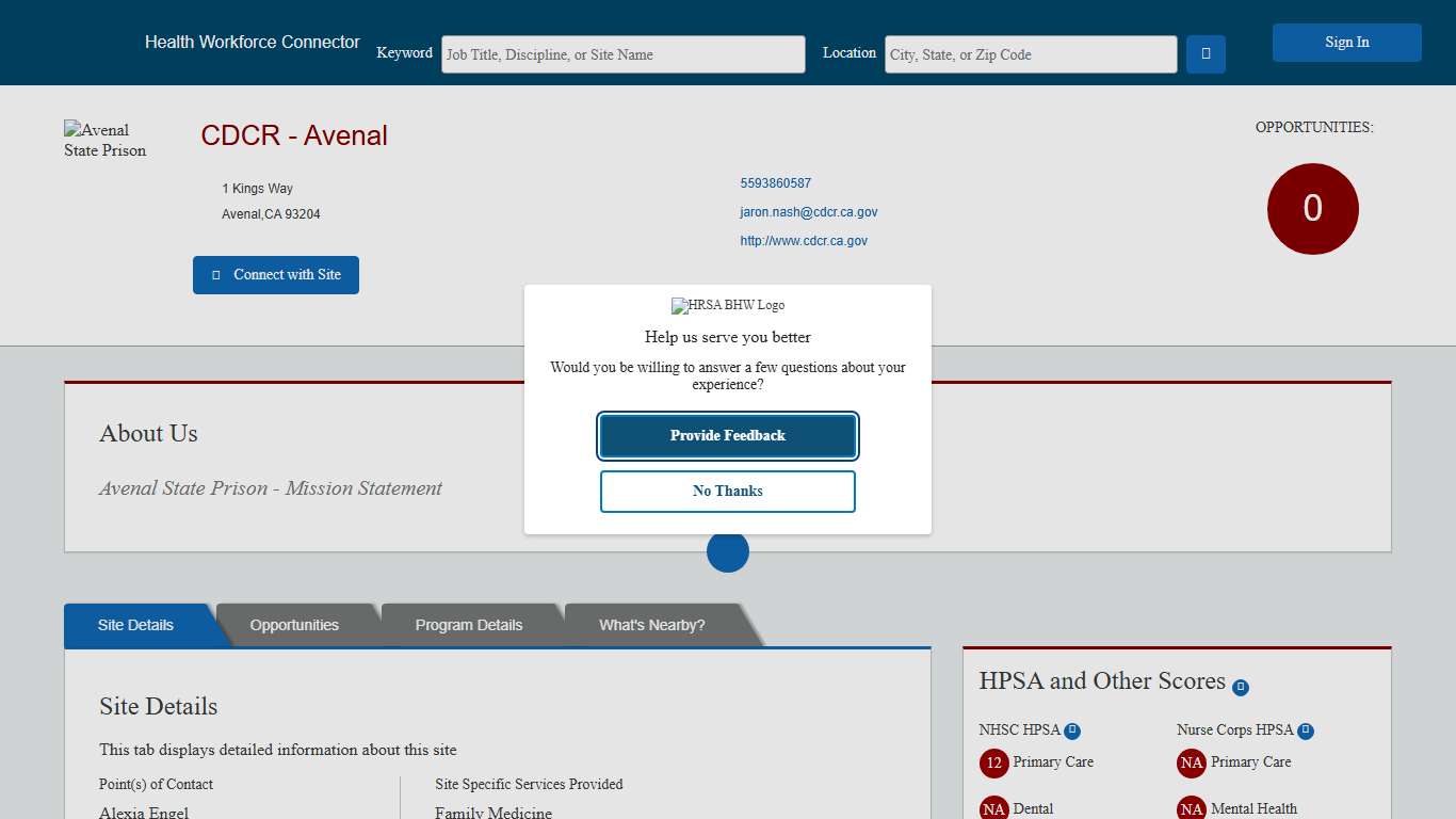 Health Workforce Connector - Site Profile Page